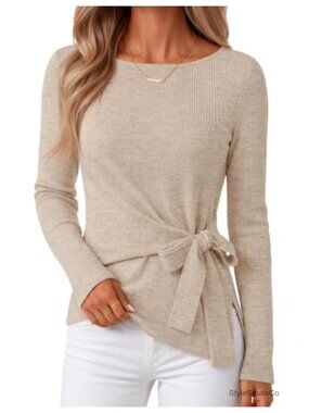MEROKEETY Women's Ribbed Knit Cinched Waist Tie Front Pullover Sweater